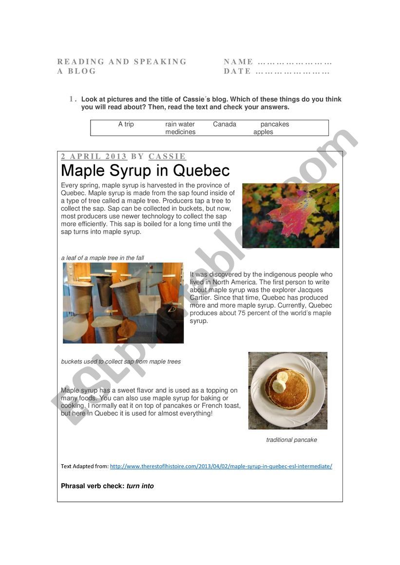 Maple Syrup in Quebec worksheet