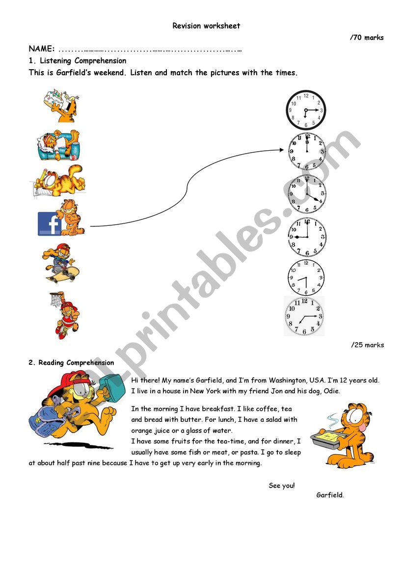 Worksheet about Garfields routine