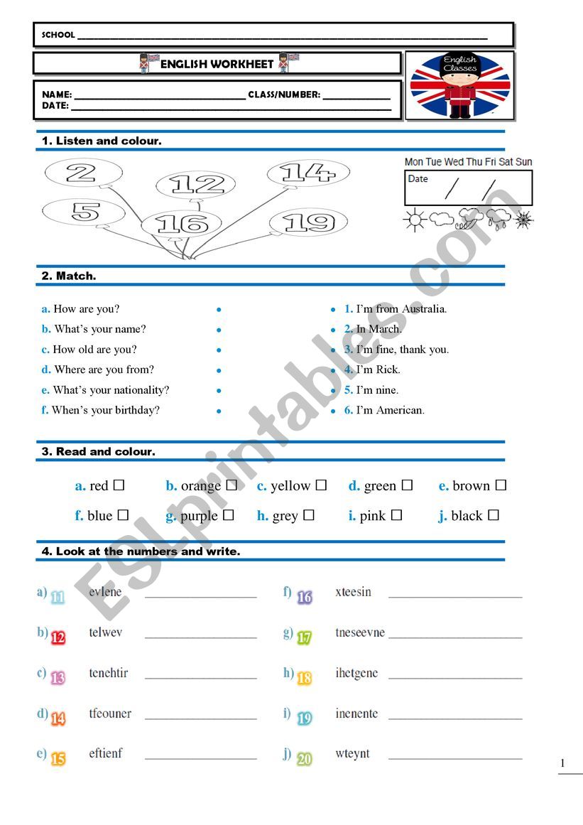 Placement test 4th grade worksheet