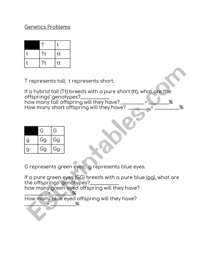 Biology Genetics Problems - ESL worksheet by E.Hinton In Genetics Worksheet Middle School