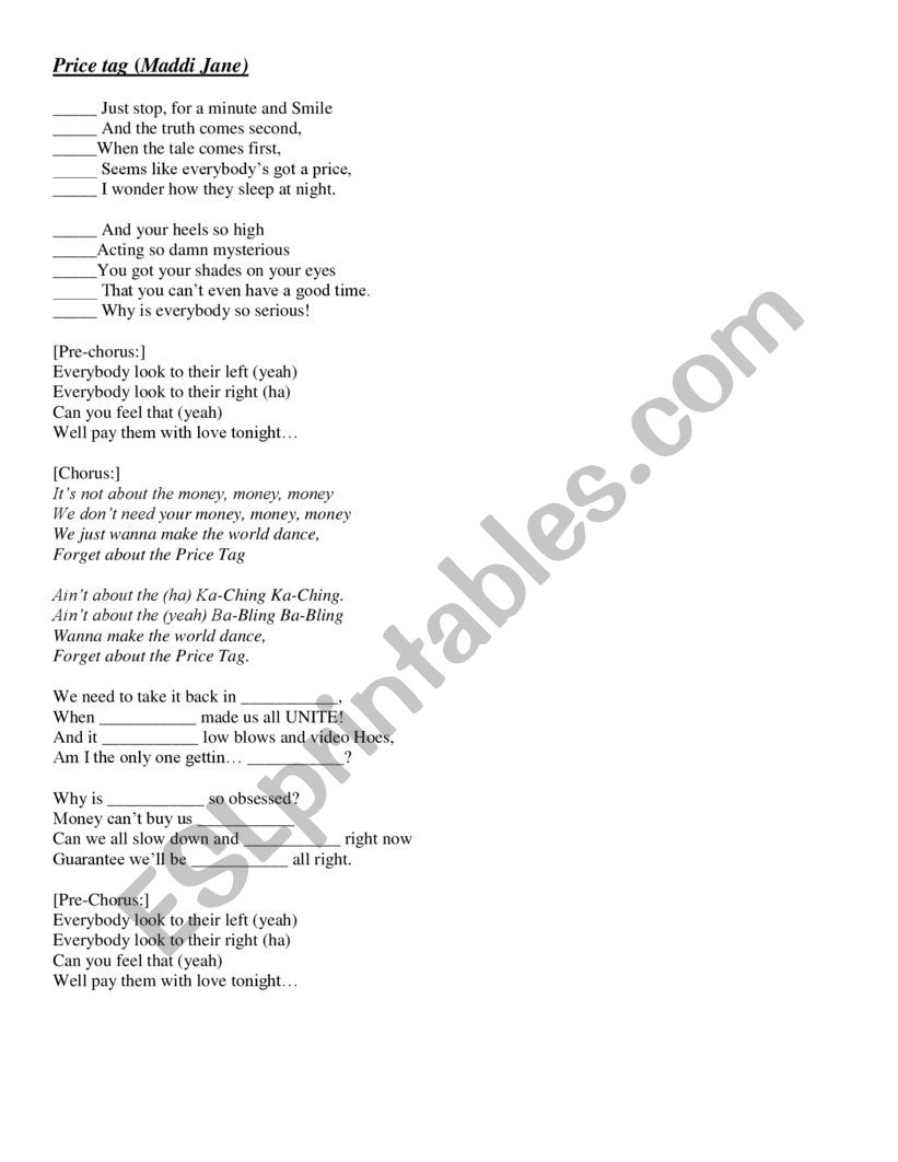 Song: Price Tag by Maddi Jane worksheet