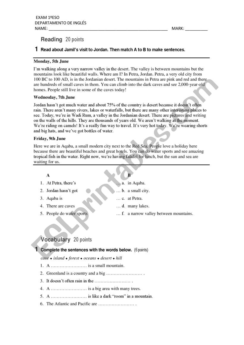 exam worksheet