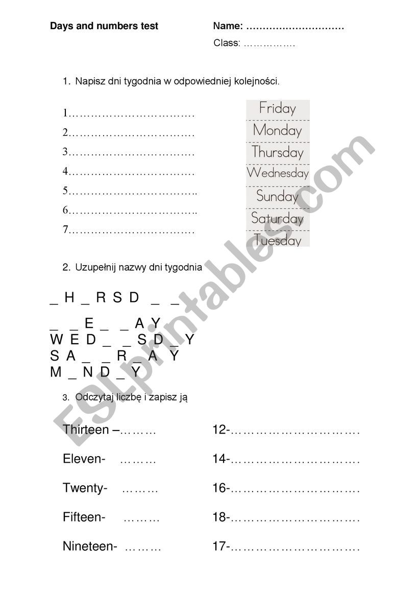 Days of the week and numbers 11-20