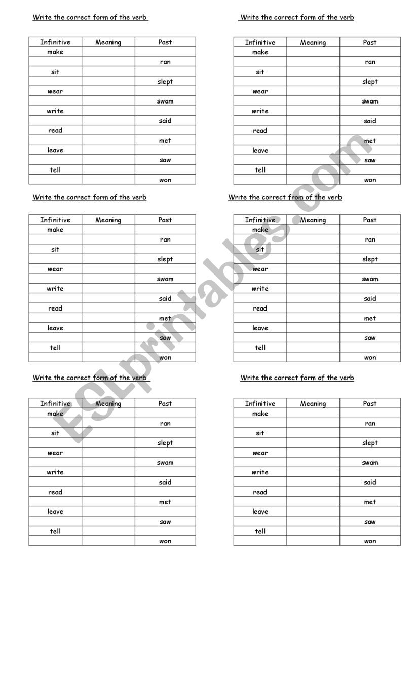 verbs in the past chart worksheet