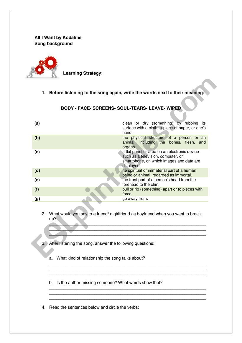 All I want by Kodaline worksheet