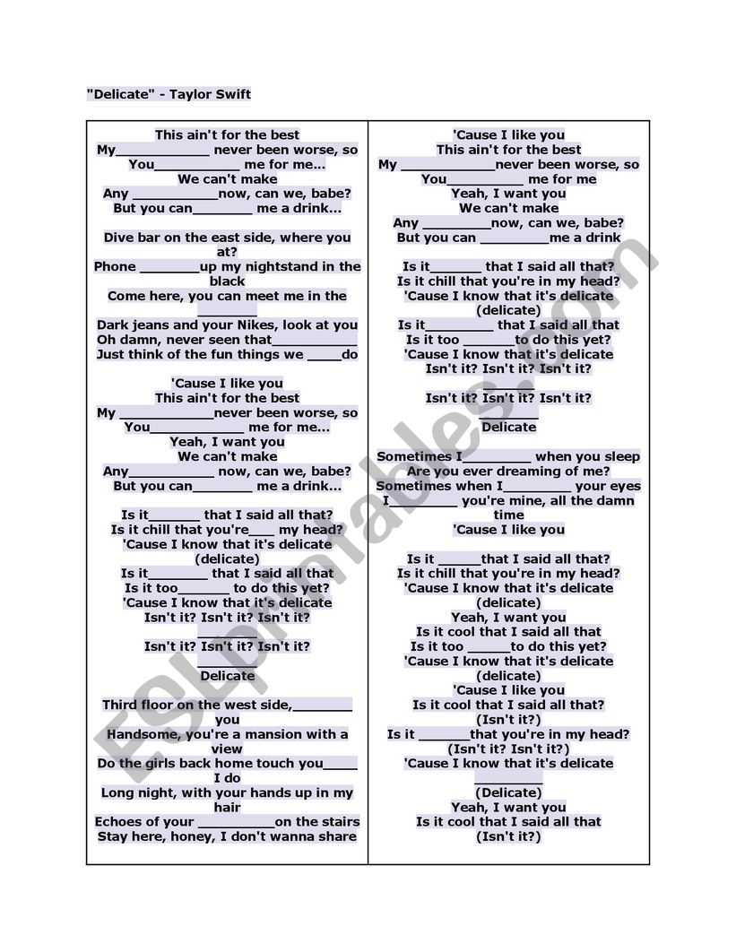 Delicate by Taylor Swift worksheet