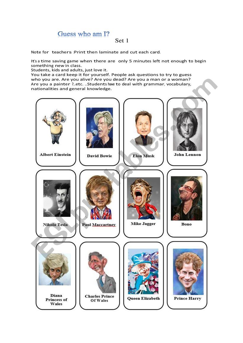 Game guess who ? Set 1 worksheet