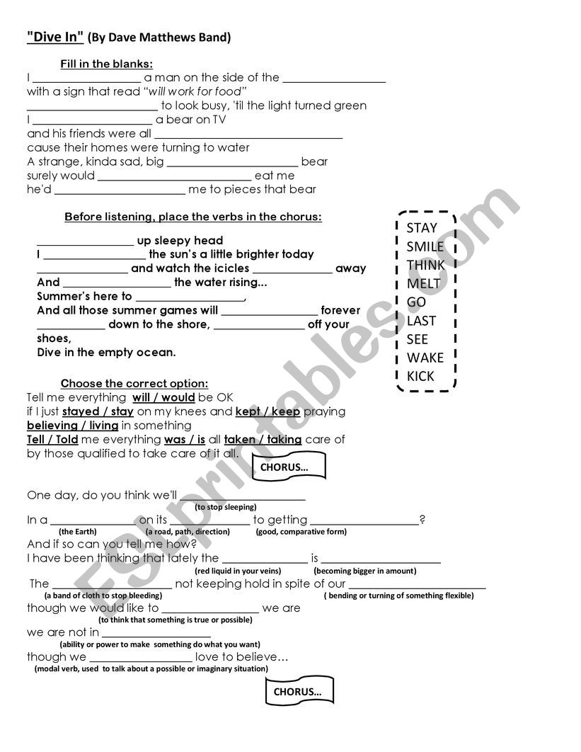 Dive In-Dave Matthews Band (Music Worksheet)