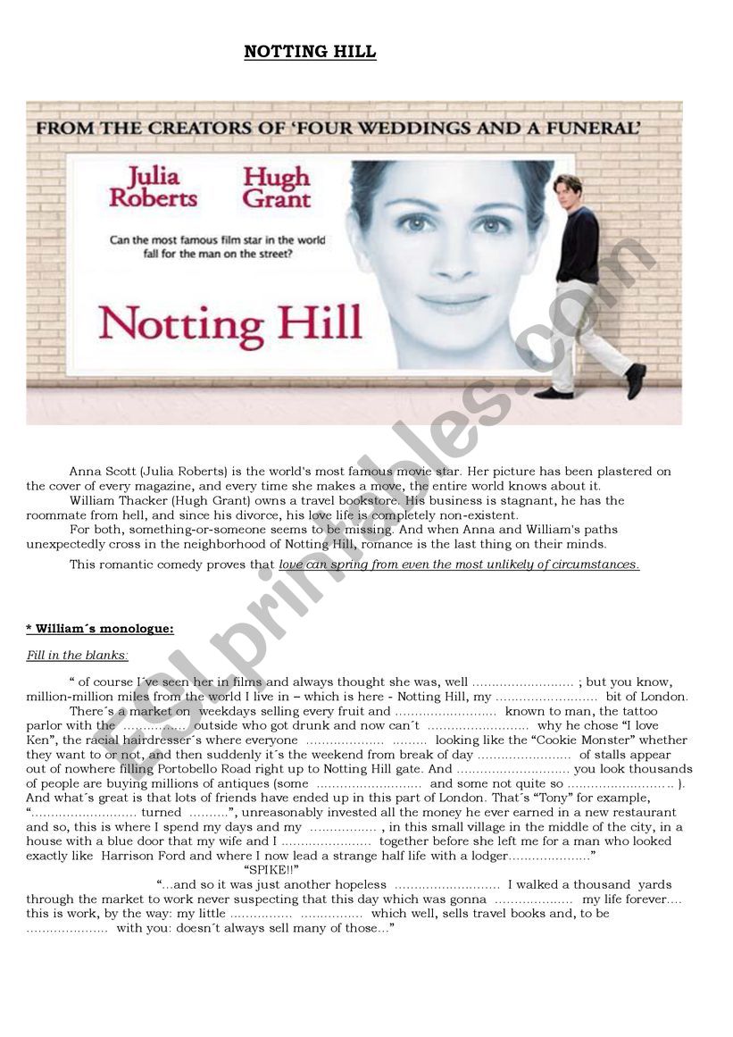 Movie: Notting Hill worksheet