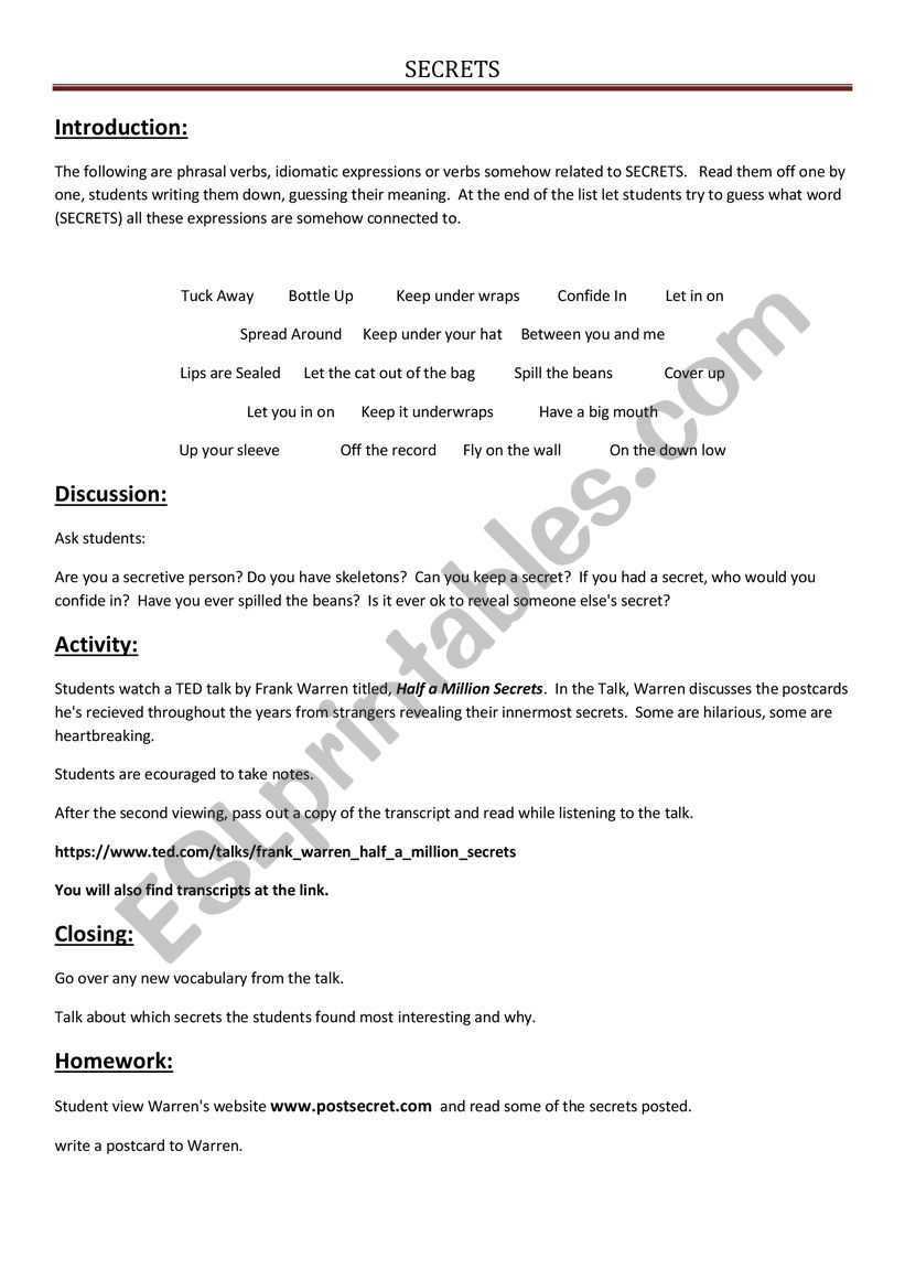 Secrets worksheet