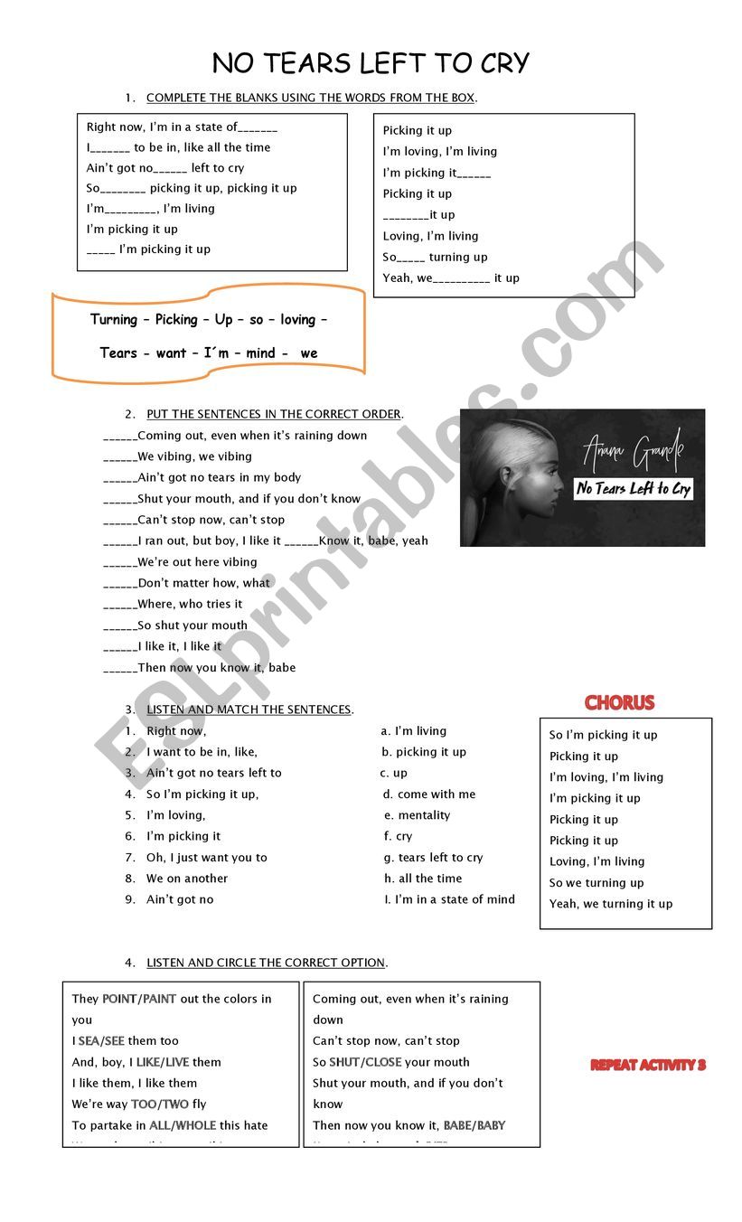 no tears left to cry worksheet