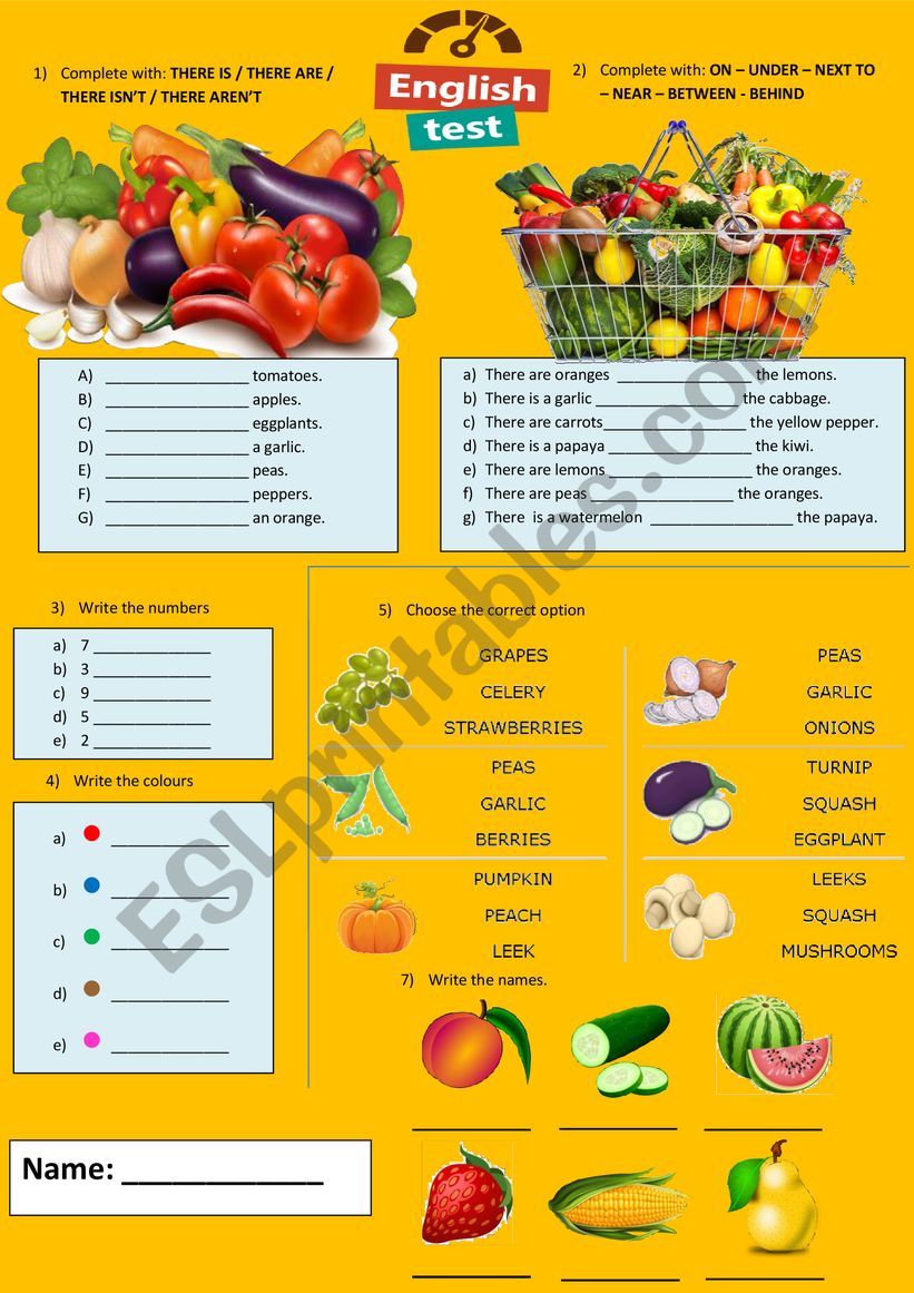Test about fruits and vegetables.