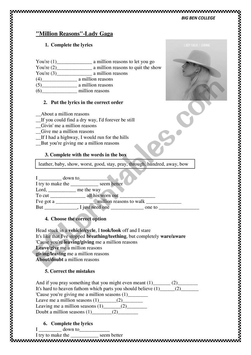 SONG-Million reasons worksheet