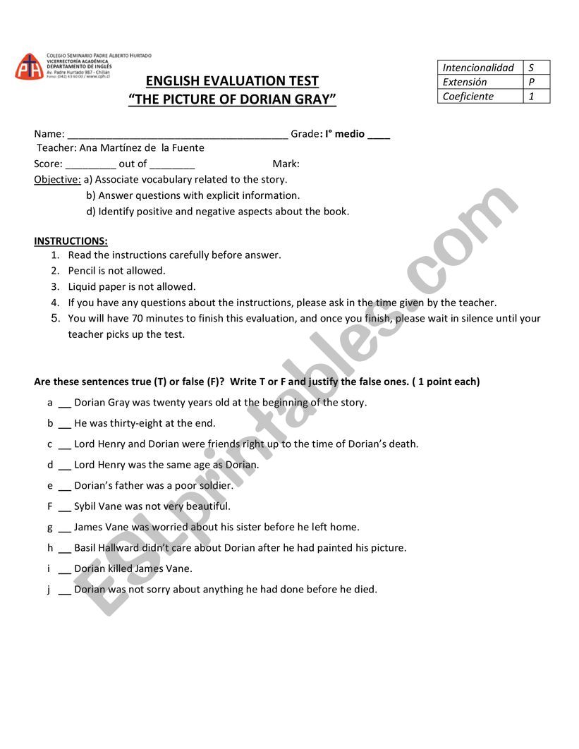 dorian  gray test  worksheet