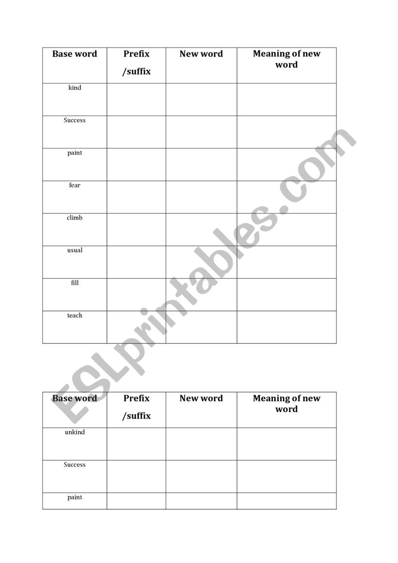 PREFIXES AND SUFFIXES worksheet