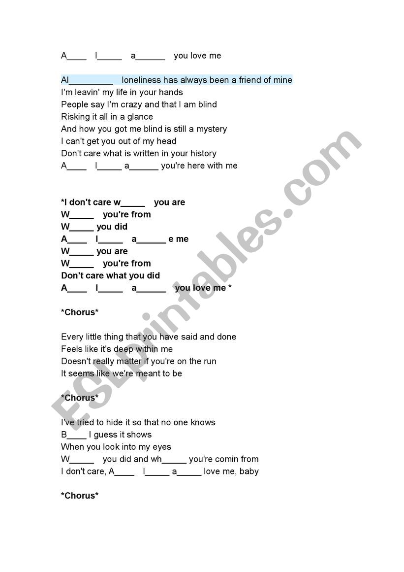 As long as you love me worksheet