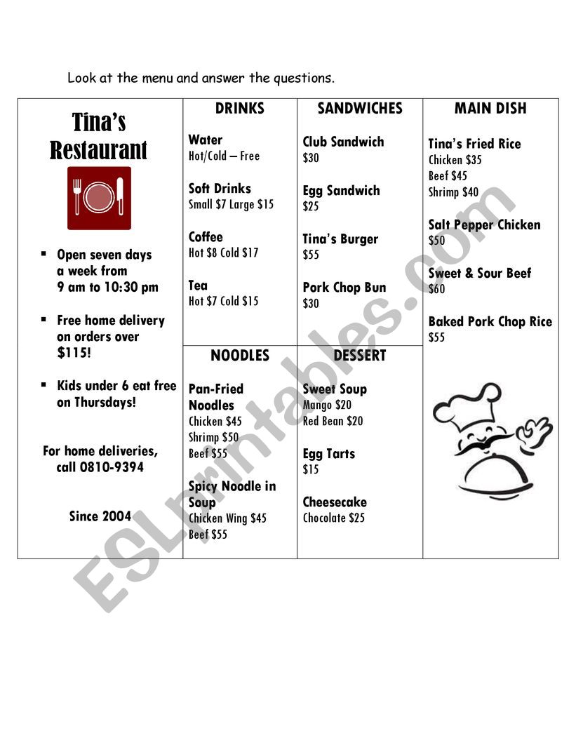 Tinas Restaurant  worksheet