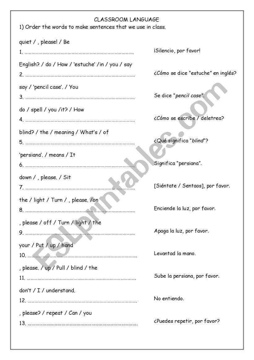 Classroom language worksheet