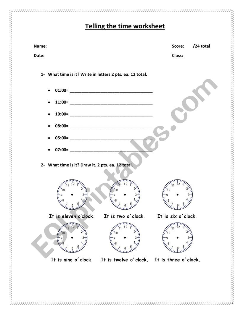 Test of English Time oclock worksheet