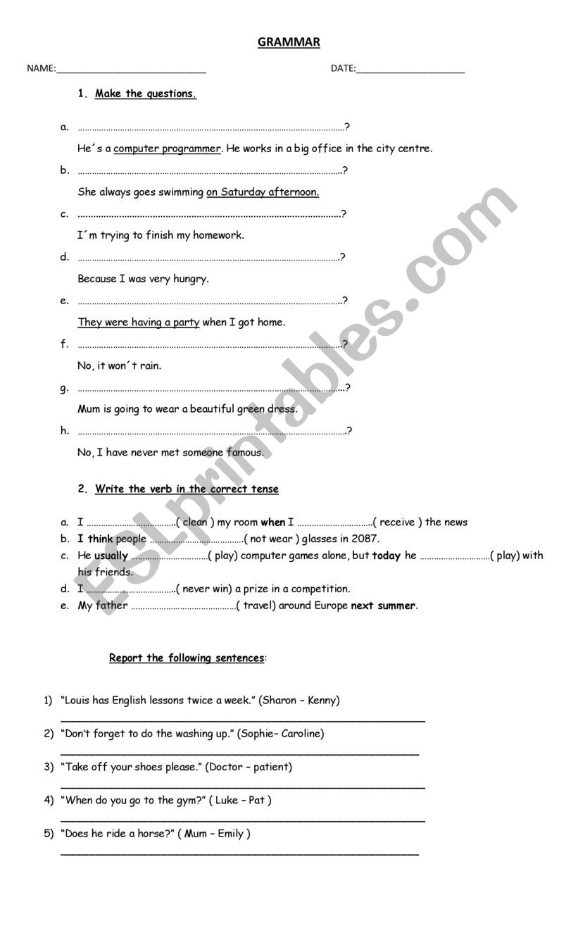 grammar revision worksheet