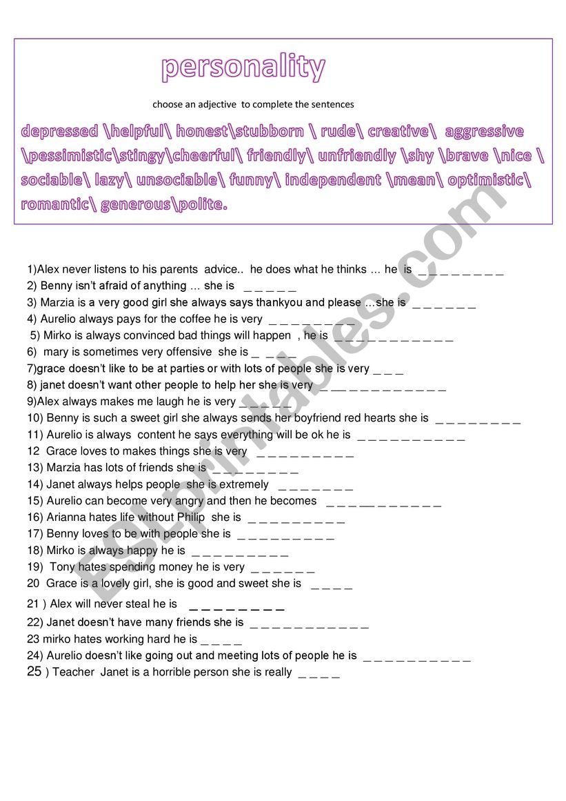  personality  worksheet