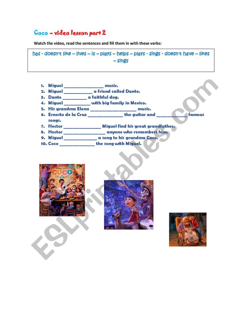 Coco video lesson  worksheet