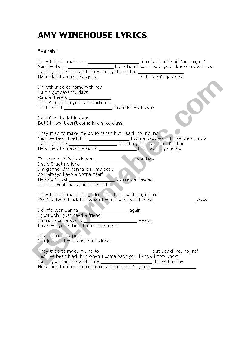 English Worksheets Amy Winehouse Lyrics