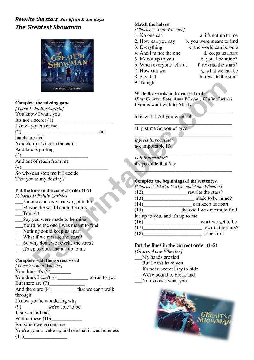 Song-Rewrite the stars worksheet