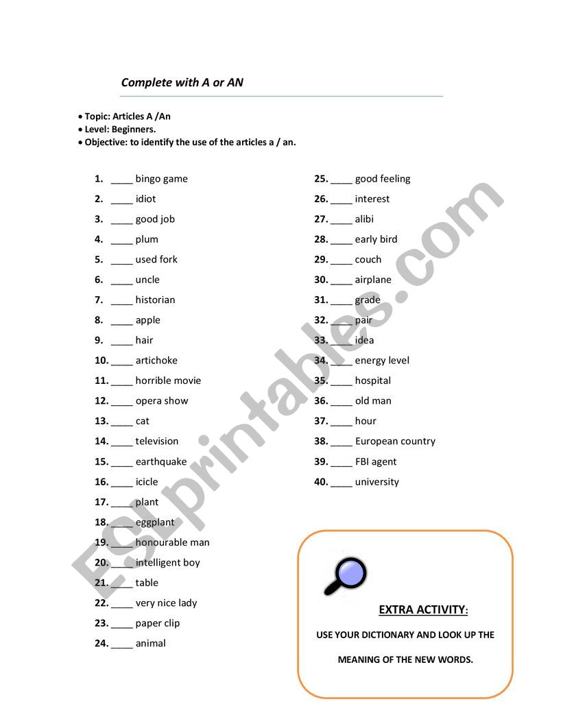 Articles A/An worksheet