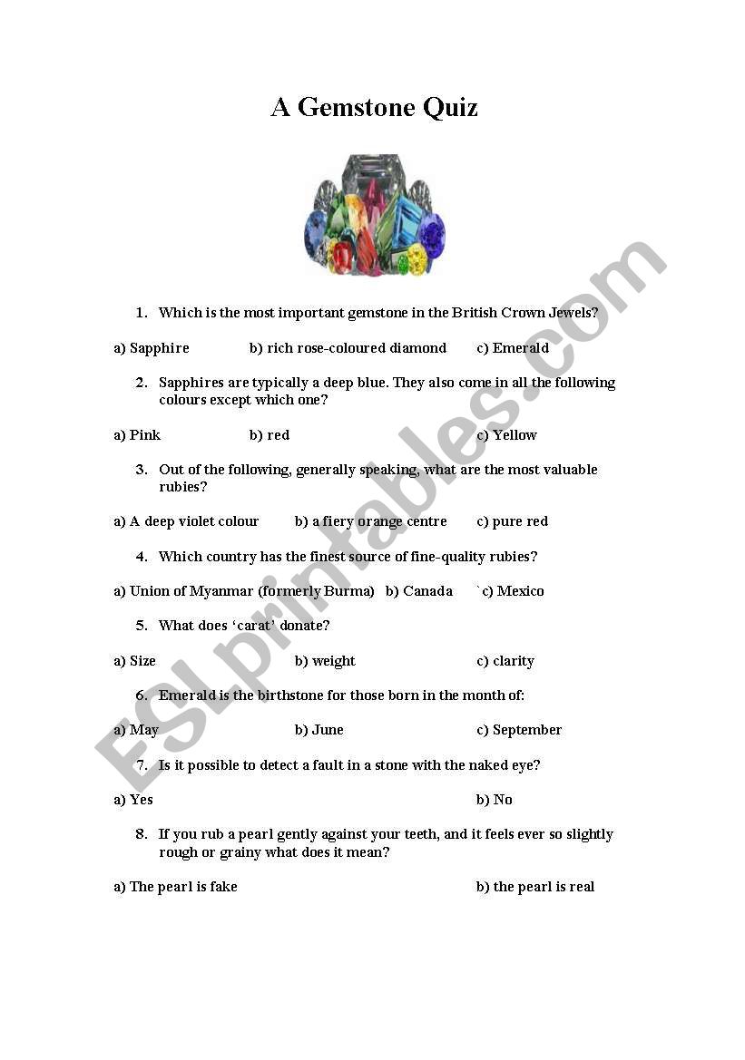 A GemStone Quiz worksheet