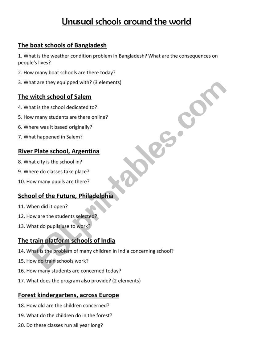 Unusual schools in the world worksheet