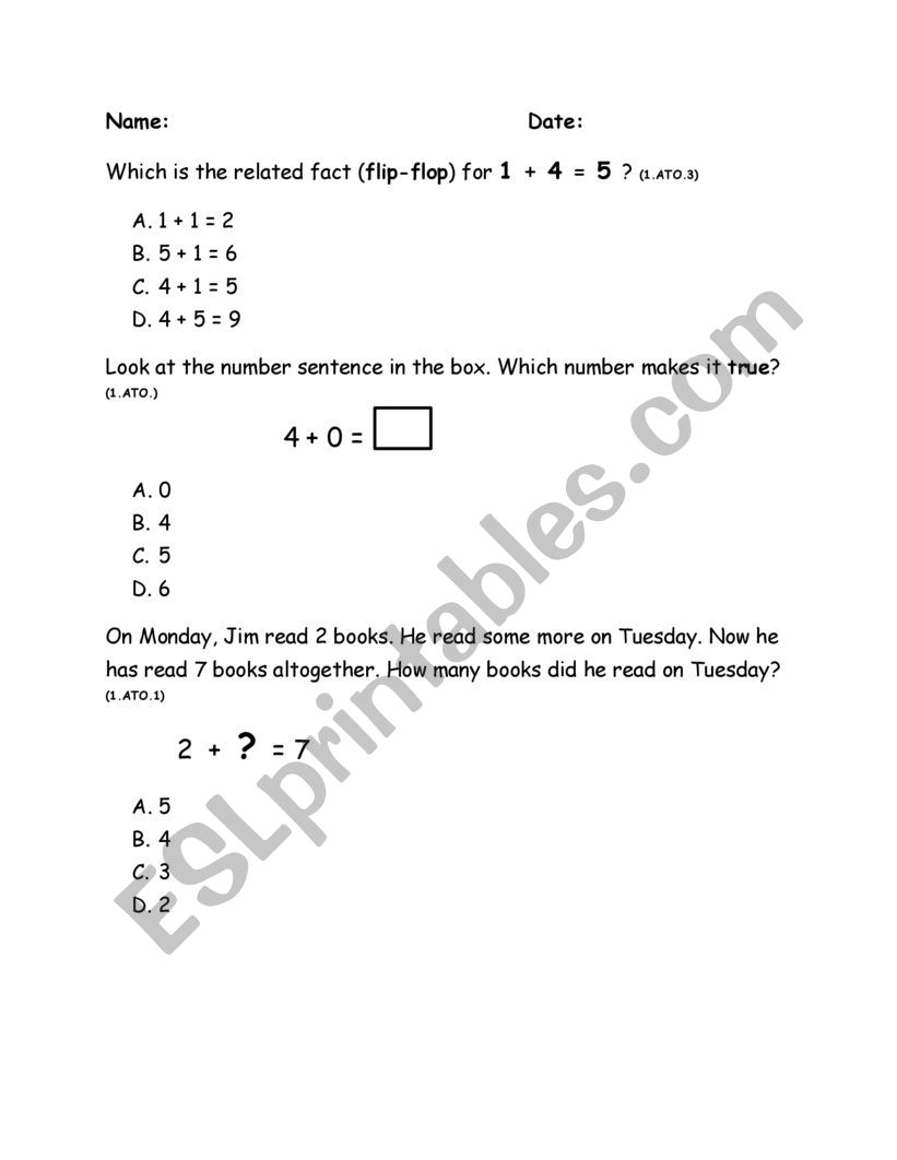 Addition Test worksheet