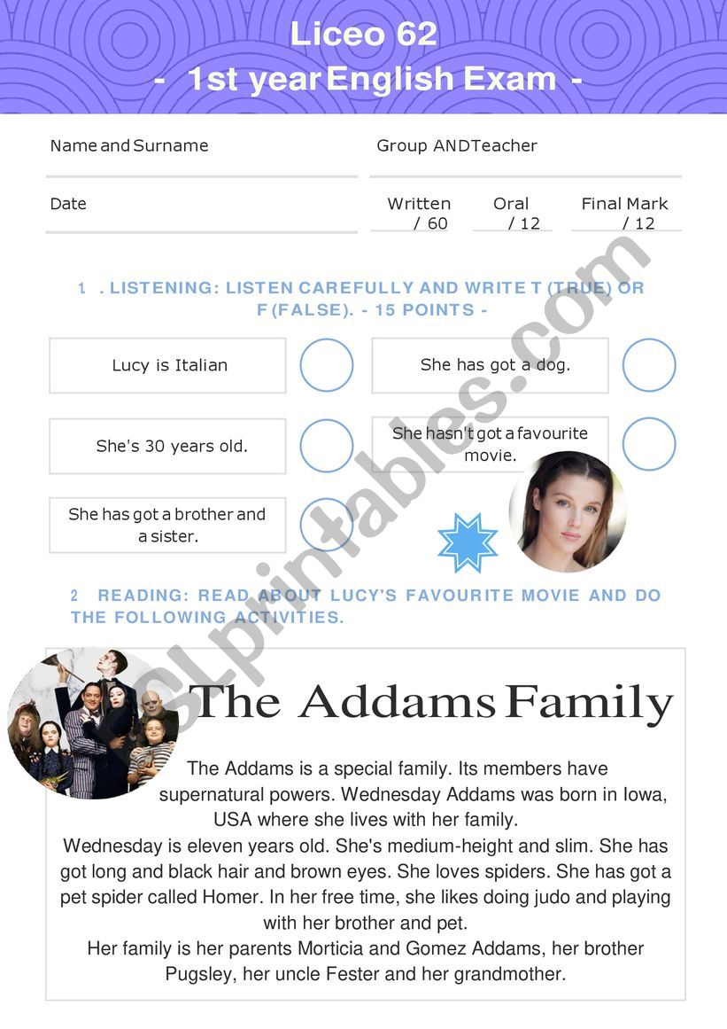 The Adams Family Test worksheet