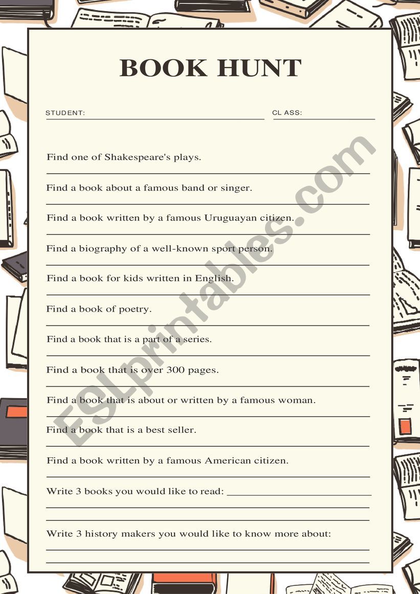 Book Hunt worksheet