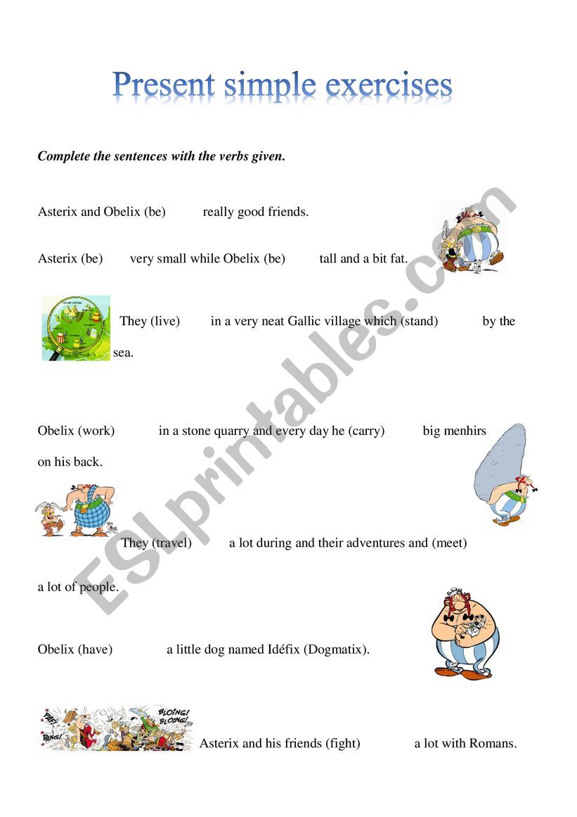 Present simple exercises with Asterix and Obelix 