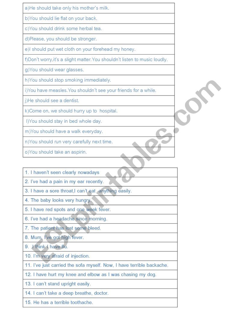 advice and illnesses worksheet