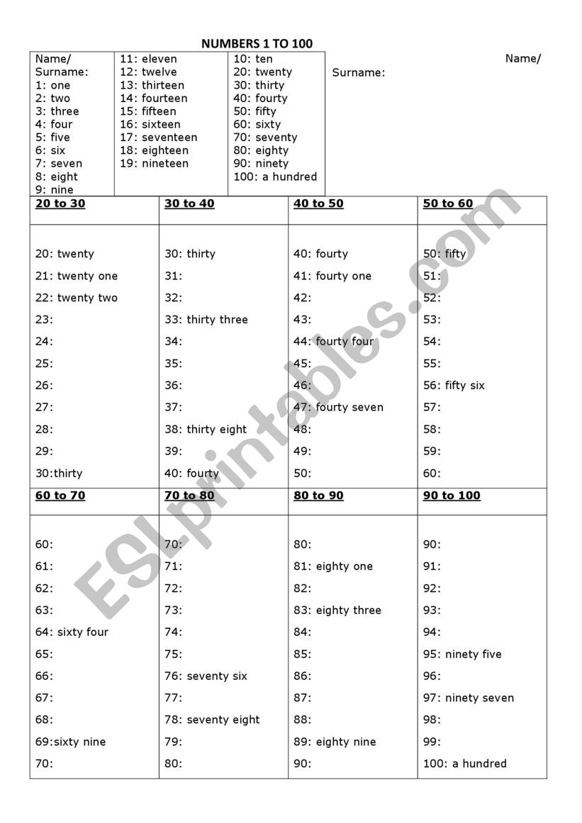 numbers worksheet