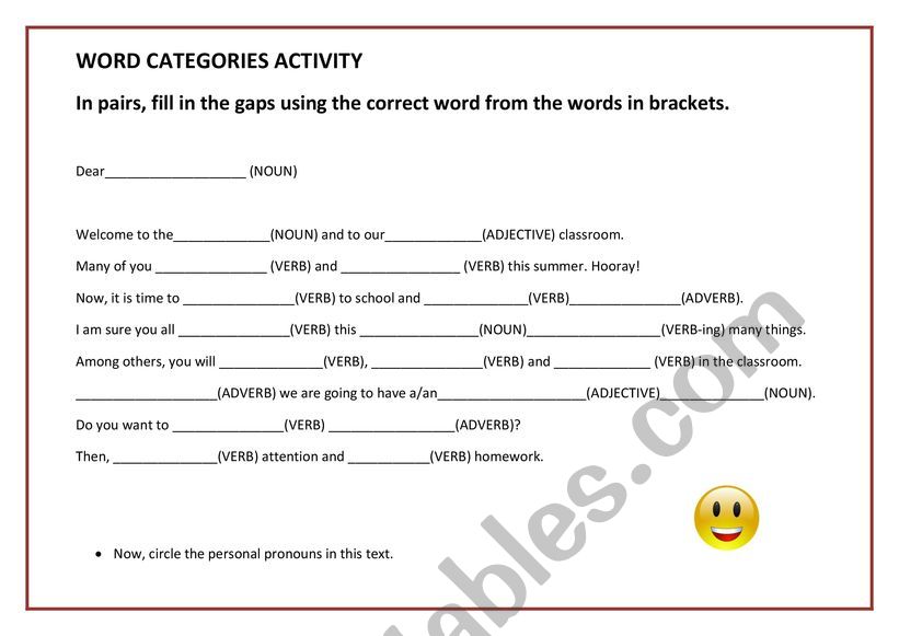 Word categories worksheet