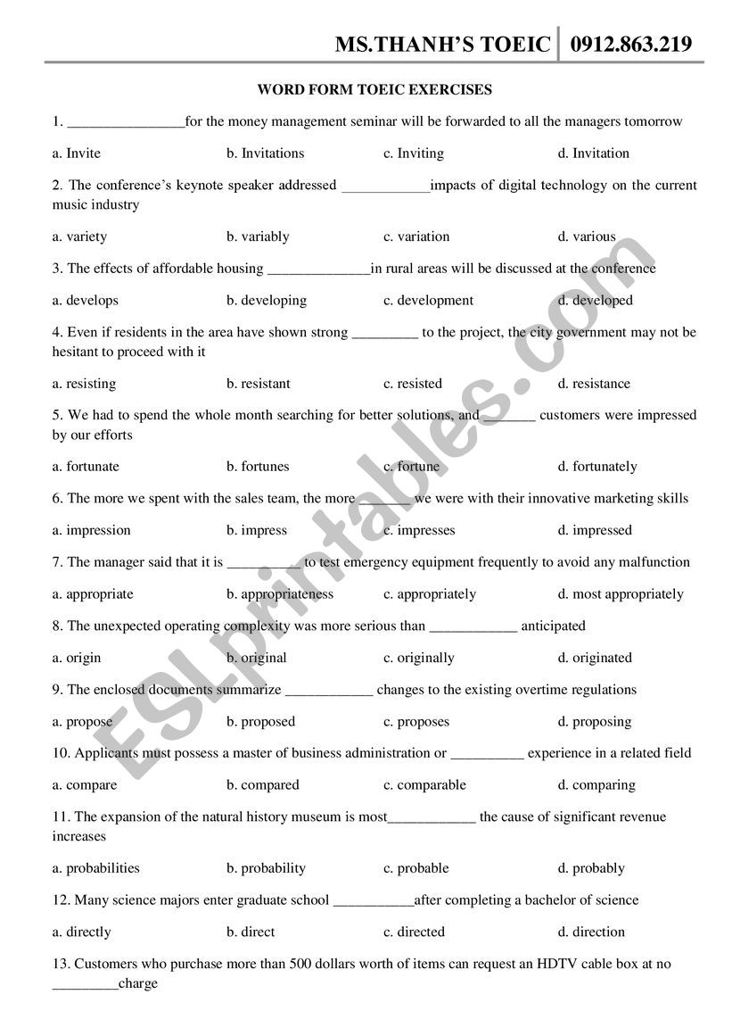 WORD FORM EXERCISES worksheet