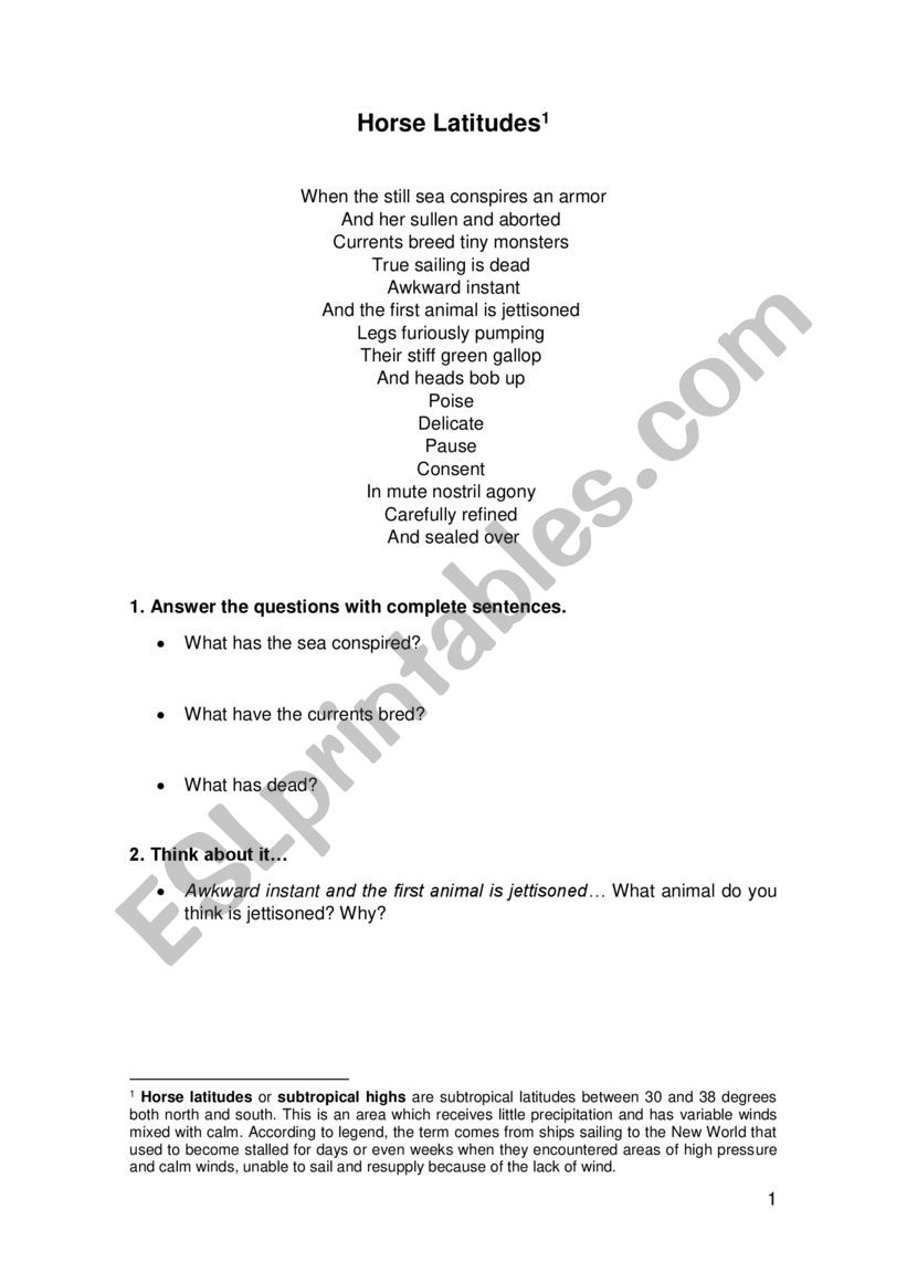 Horse latitudes worksheet