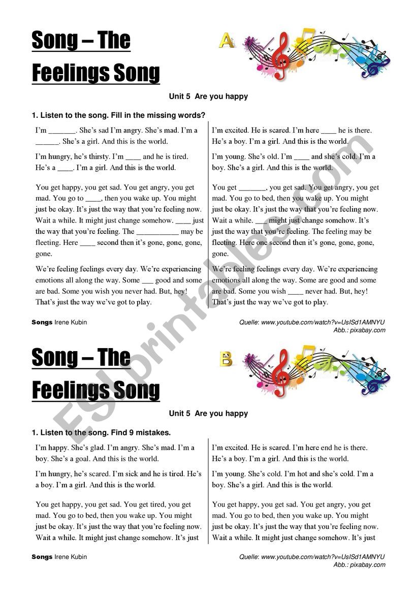 Feelings song worksheet