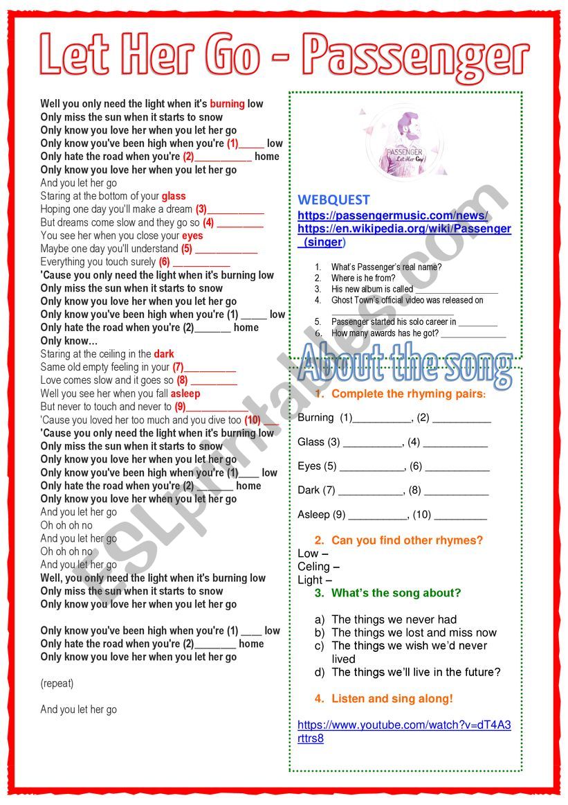 Let her go - Passenger worksheet