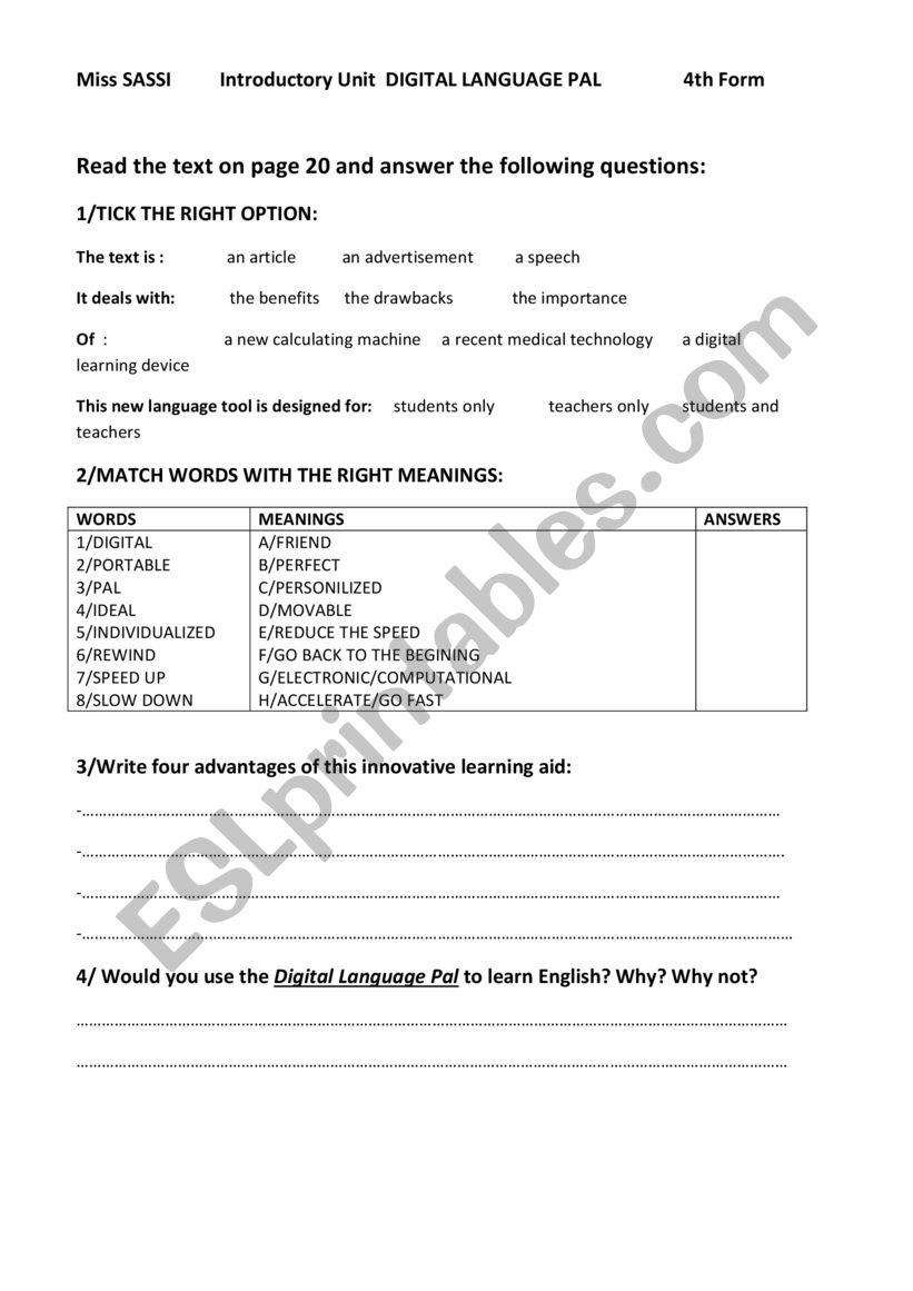 INTRODUCTORY UNIT BAC worksheet