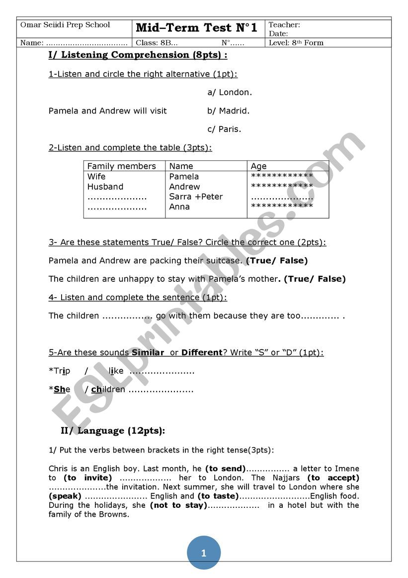 8th form test 1 worksheet