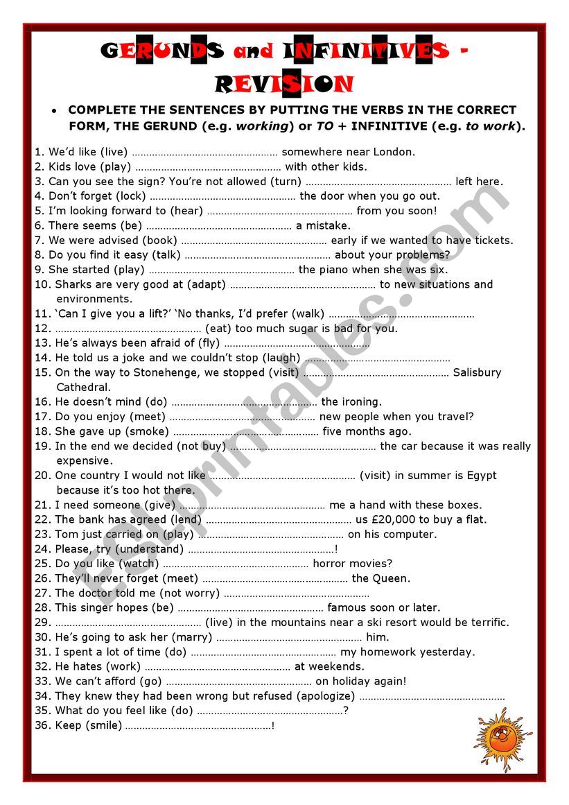 GERUNDS and INFINITIVES worksheet