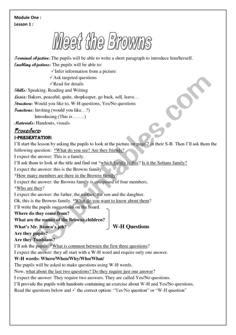 Meet the Browns worksheet