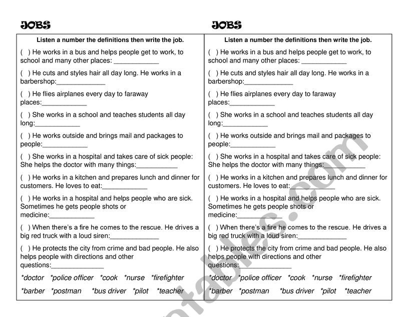 Jobs definitions worksheet