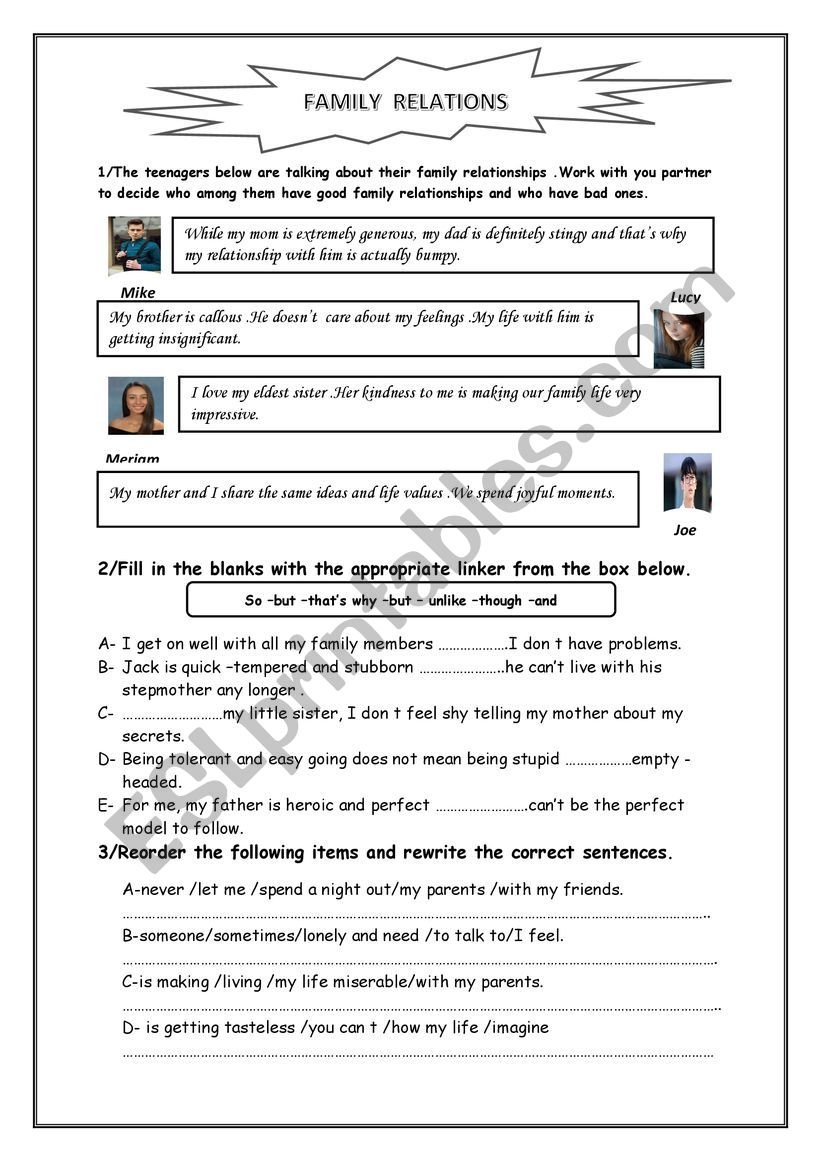 family relations  worksheet