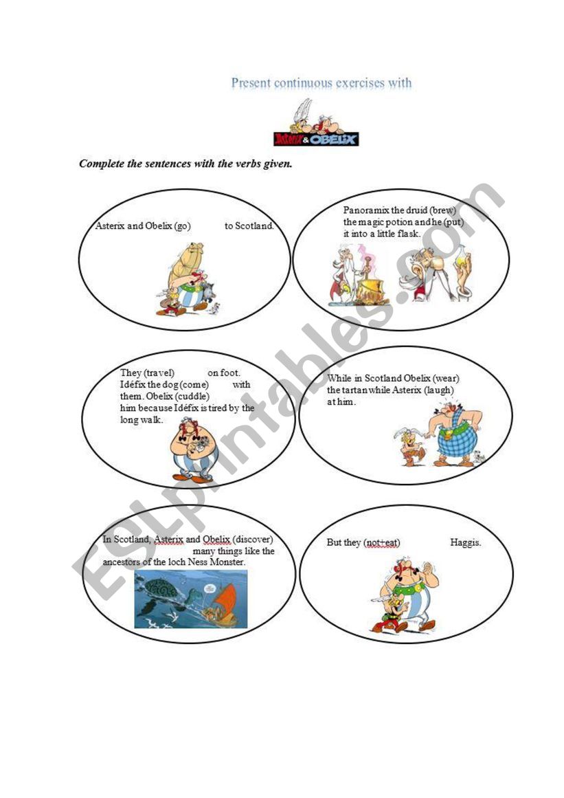 Present continuous exercises with Asterix and Obelix