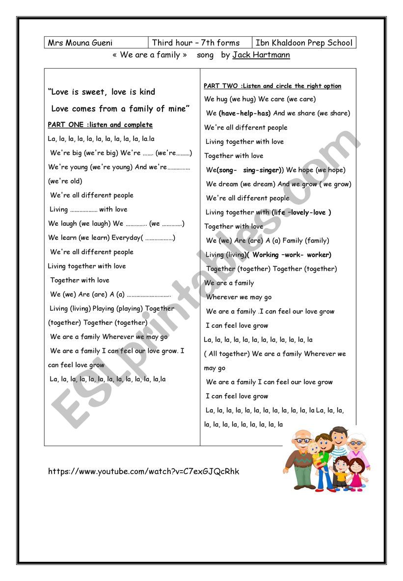 WE ARE A FAMILY SONG  worksheet